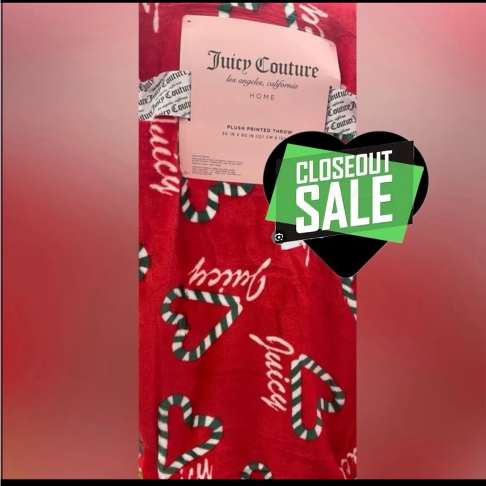 Juicy Couture JC Plush Throw Red w/Green & White Striped Hearts 50x60 NEW NWT